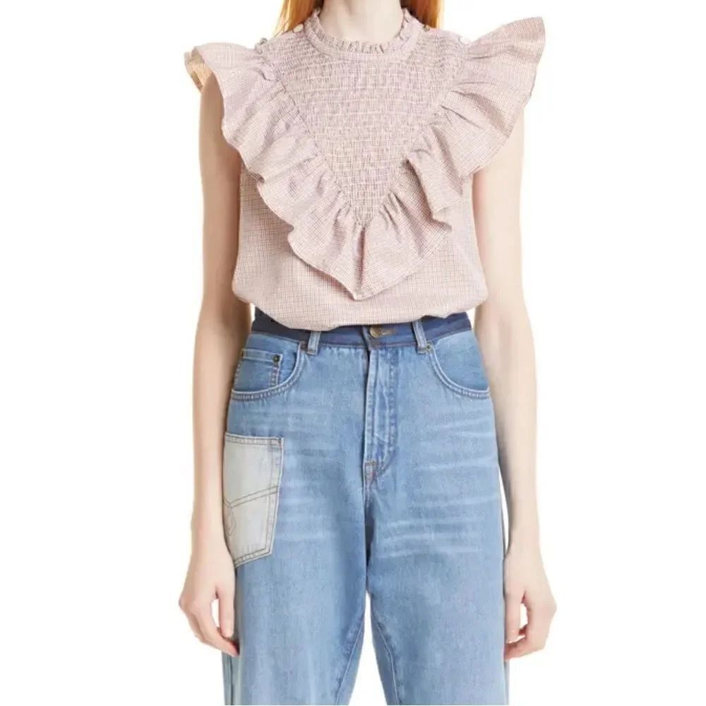 Munthe Blouse Rossi Plaid Smocked Ruffle